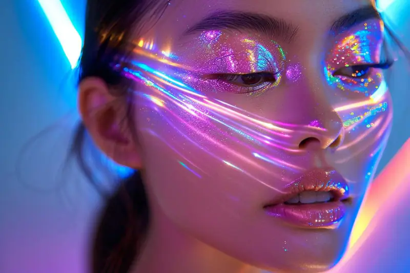Portrait avec paupières lilas argentées aux reflets holographiques fins