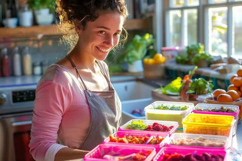 Préparation de légumes rôtis et boîtes repas simples dans une cuisine automnale
