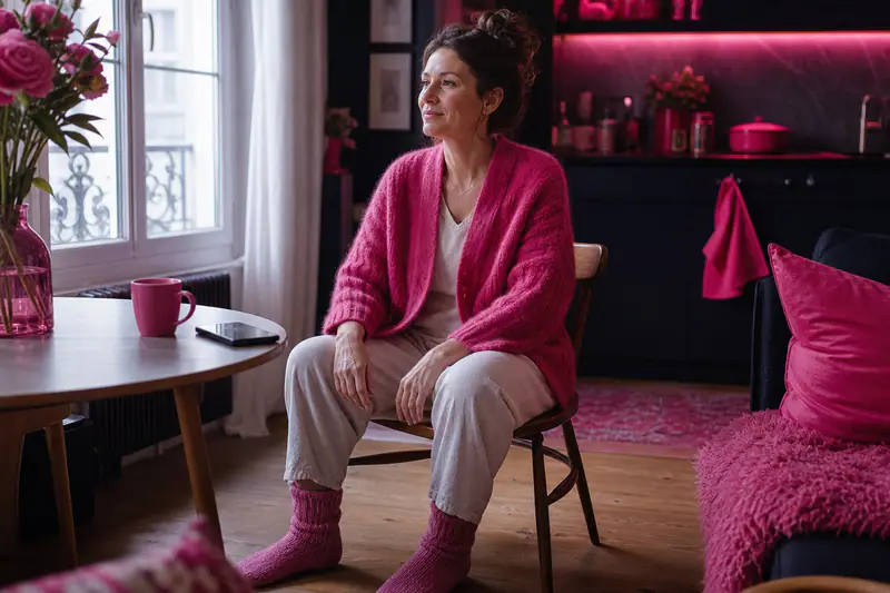 Femme méditant deux minutes sur une chaise près d’une tasse de thé