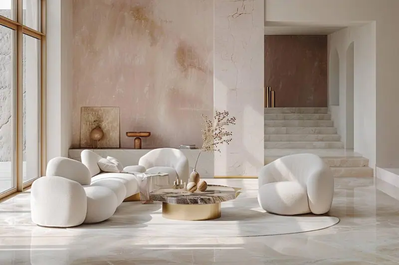 Salon minimaliste chic chaleureux avec canapé en lin, bois clair et tapis en laine