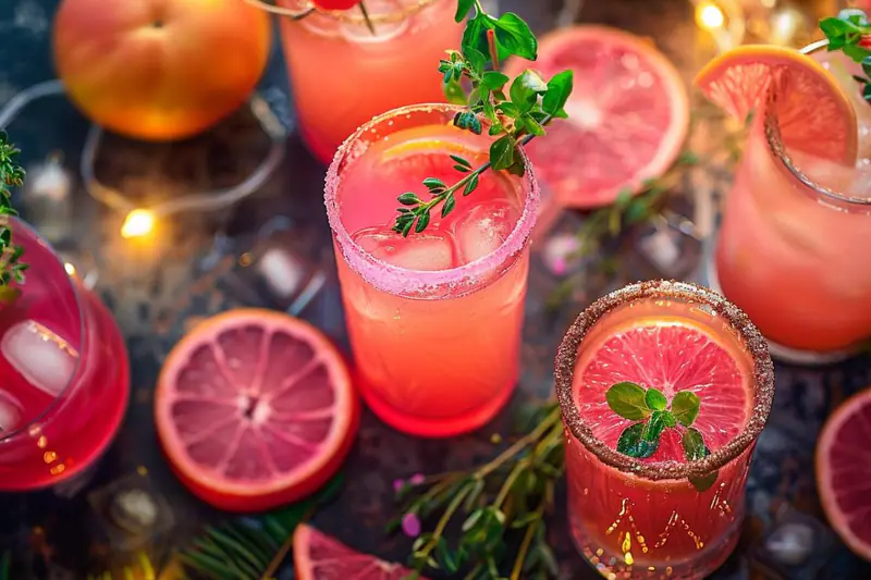 Table d’automne avec mocktails colorés, agrumes, pommes, herbes fraîches et glaçons