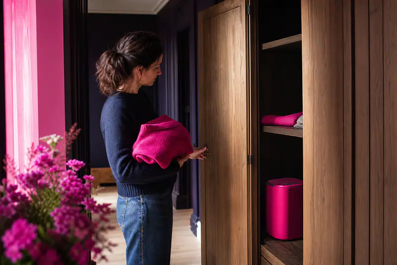 Femme ouvrant un placard en bois, étagère avec un petit absorbeur d’humidité visible