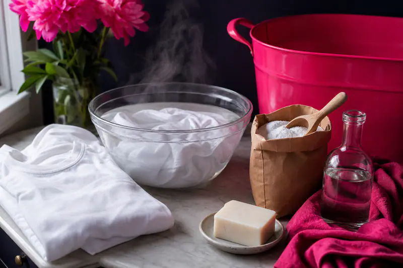 T-shirt blanc en trempage dans une bassine, percarbonate, vinaigre blanc et savon posés à côté