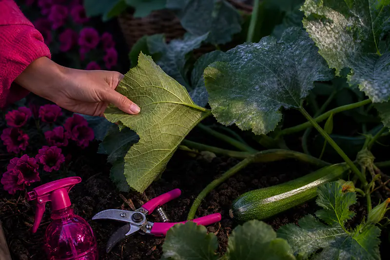 Feuilles de courgette poudrées de blanc tenues à la main près d’un sécateur rose