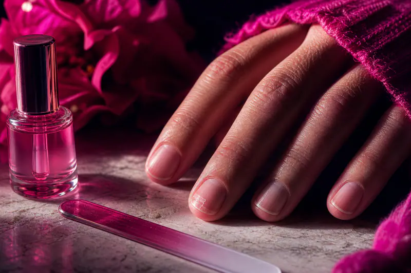 Main avec un ongle dont le bout se dédouble en fines lamelles, lime en verre posée à côté