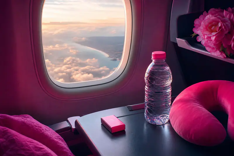 Hublot d’avion en descente, bouteille d’eau, chewing-gums et coussin de voyage sur la tablette