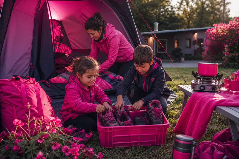 Mère et enfants installant une tente familiale dans un camping au printemps.