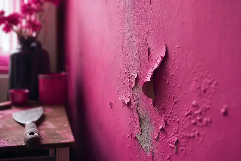 Cloque de peinture soulevée sur un mur, avec une spatule posée à proximité