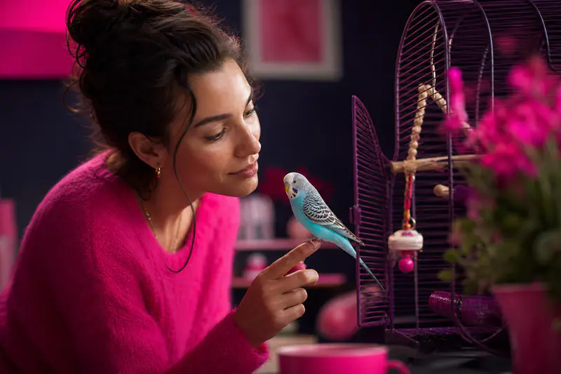 Femme observant une perruche perchée sur son doigt près d’une cage enrichie de jouets