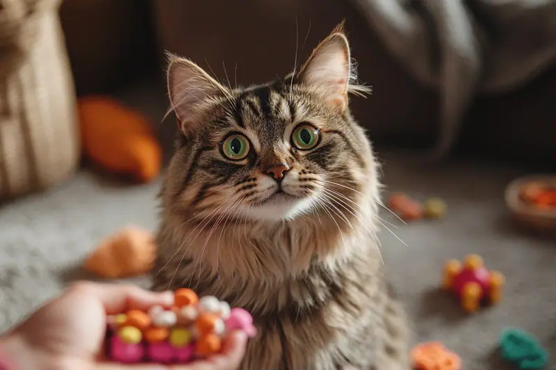 Une femme récompense son chat qui touche une cible près de sa caisse.