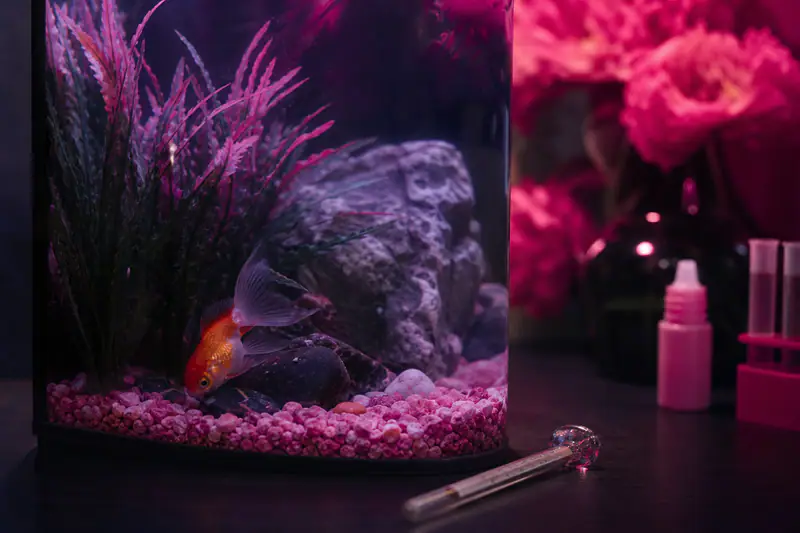 Poisson rouge posé au fond d’un aquarium planté, thermomètre visible à proximité