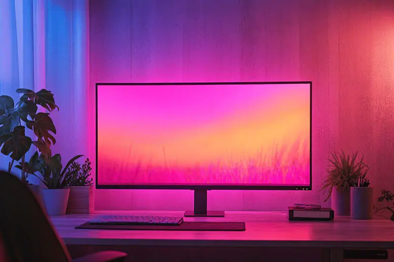Télétravailleuse devant un écran mat réglable dans un bureau lumineux d’automne