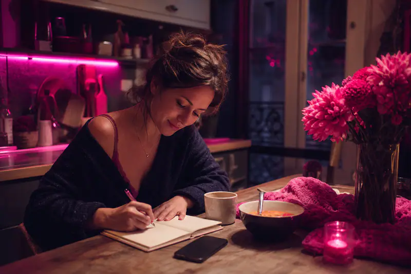 Femme écrivant ses gratitudes près d’une tisane un soir d’automne