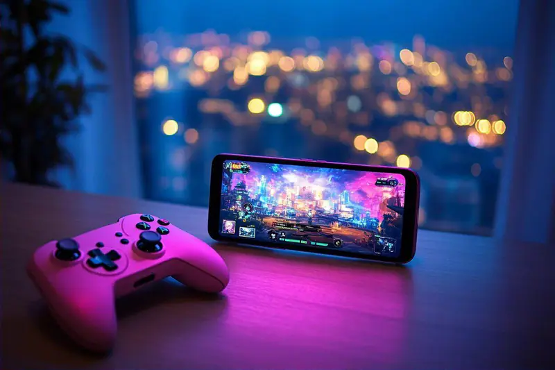 Joueuse utilisant un smartphone avec manette face à une console portable