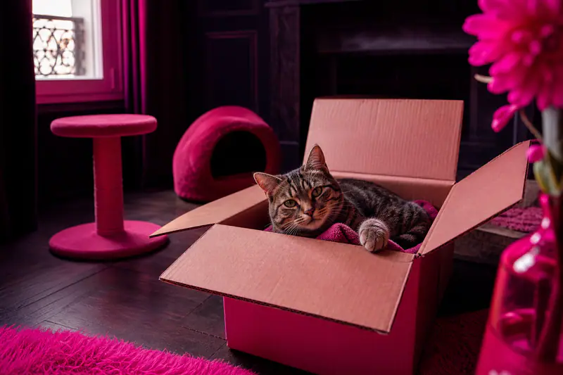Chat tigré détendu dans un carton ouvert et sécurisé en hiver