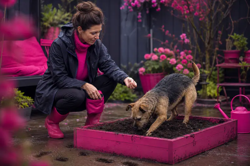Chien creusant dans un bac dédié dans un jardin d’automne