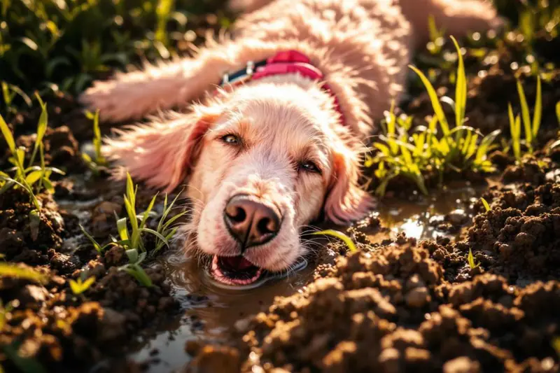 Chien couvert de boue se roulant sur un chemin forestier en hiver