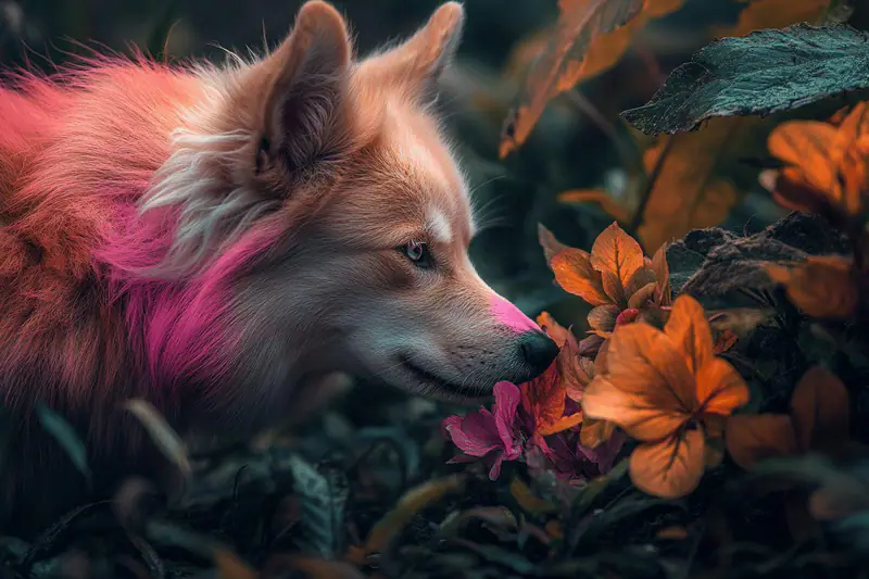 Chien en harnais reniflant des feuilles humides lors d’une balade d’automne