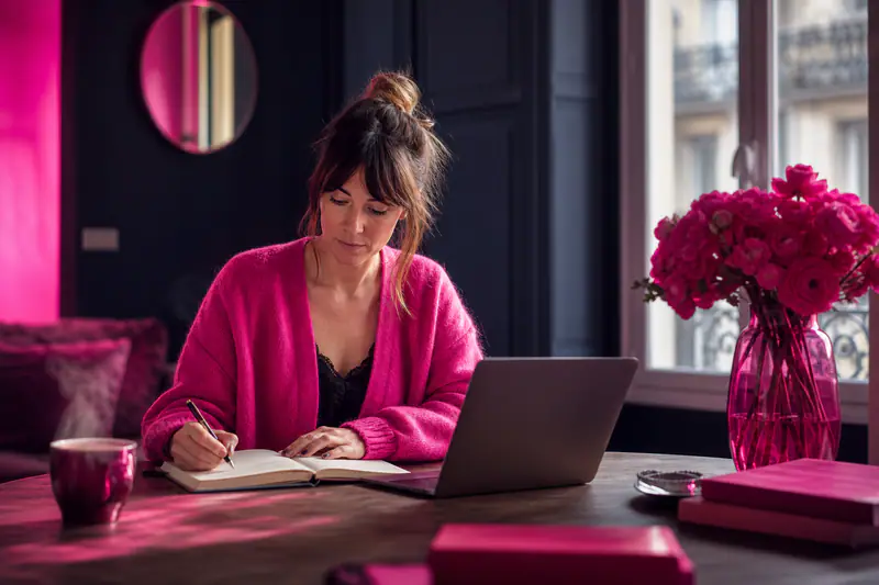 Femme travaillant calmement à un bureau lumineux, téléphone rangé et thé fumant.