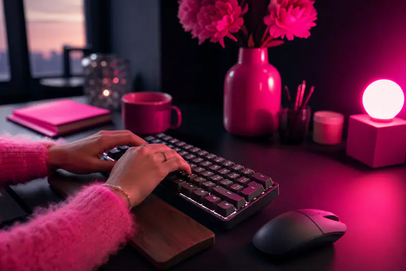 Mains sur un clavier mécanique AZERTY dans un bureau chaleureux
