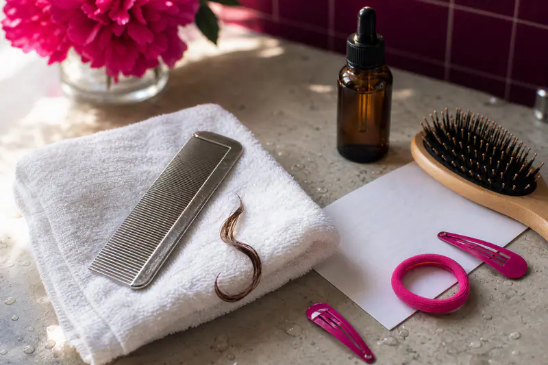 Peigne fin métallique sur une serviette blanche, flacon de lotion et pinces à cheveux roses