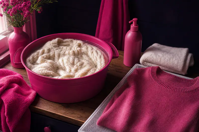 Pull en laine torsadé trempant dans une bassine, avec après-shampoing et pull séchant à plat