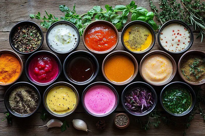 Six sauces maison colorées servies avec légumes grillés, pâtes et herbes fraîches