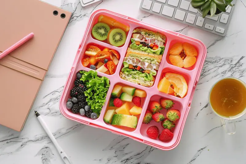 Lunch box saine d’hiver avec lentilles, légumes rôtis et feta au bureau