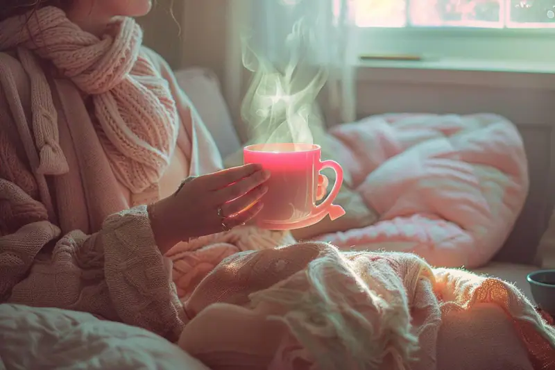 Femme prenant une pause calme avec soupe, carnet et téléphone éloigné
