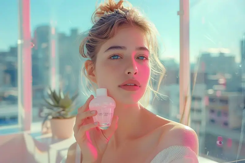 Femme appliquant une protection solaire près d’une fenêtre en ville automnale.