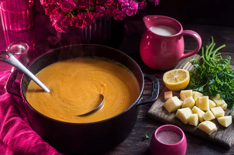 Marmite de velouté de potiron entourée de pommes de terre en dés, citron, lait et persil