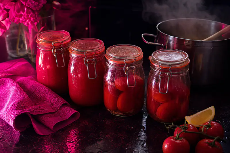 Bocaux en verre remplis de coulis de tomate posés près d’une grande marmite fumante