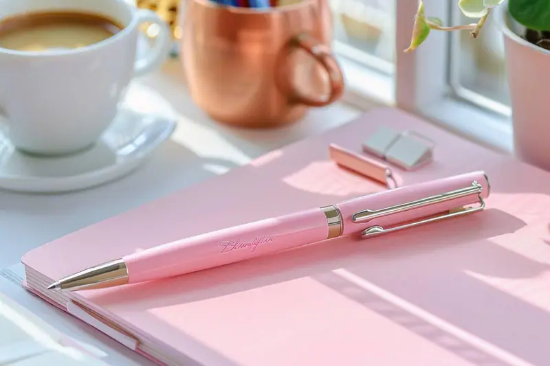 Stylo rose en métal gravé d’un prénom sur un bureau d’automne