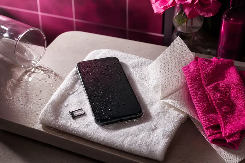 Smartphone mouillé posé sur une serviette, tiroir SIM ouvert et verre renversé à côté