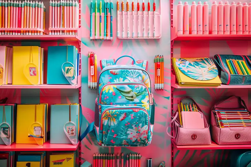 Cartable ouvert et fournitures scolaires rangées sur une table familiale en automne