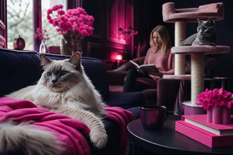 Deux chats calmes reposent dans un salon lumineux avec arbre à chat.