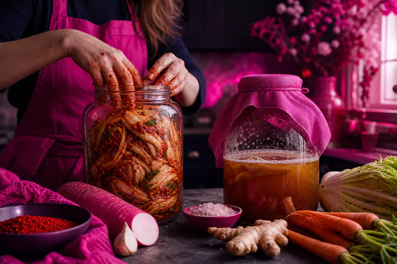 Bocaux de kimchi et kombucha préparés sur un plan de travail d’hiver.
