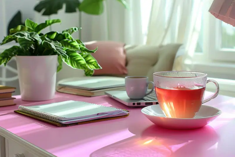 Femme en télétravail dans un coin bureau lumineux et organisé en automne.