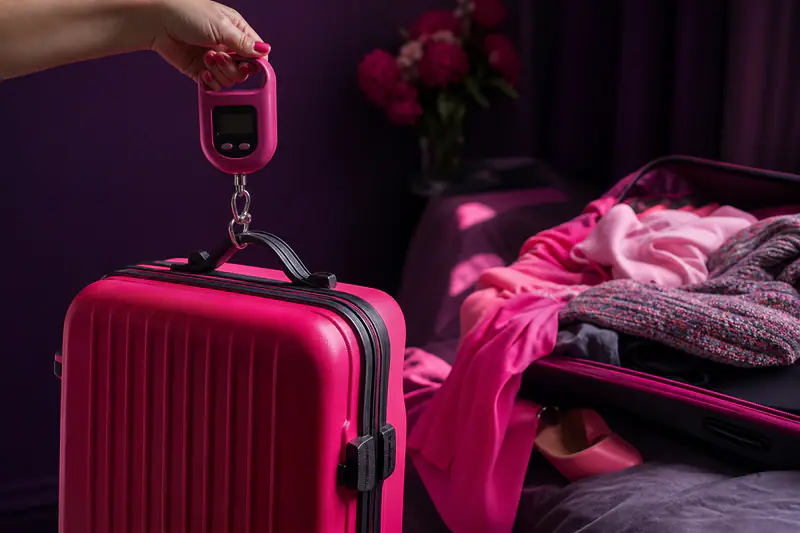 Valise suspendue à un pèse-bagage électronique affichant un poids au-dessus de la limite