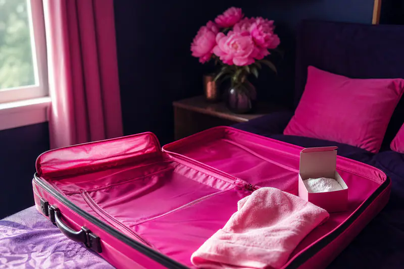 Valise ouverte et vide sur un lit, boîte de bicarbonate posée dans un compartiment