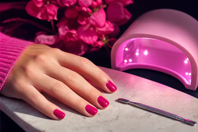 Main avec un ongle en vernis semi-permanent magenta qui cloque au bord, outils de manucure à proximité