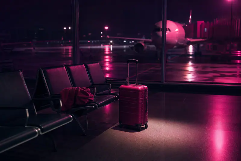 Salle d’embarquement déserte la nuit avec une valise rose oubliée devant la baie vitrée