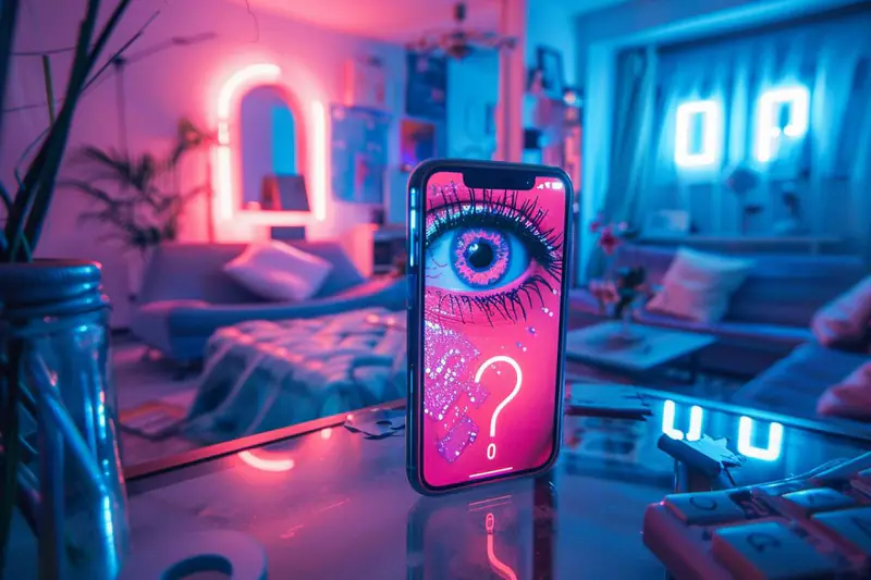 Femme vérifiant les réglages de confidentialité sur son smartphone à table