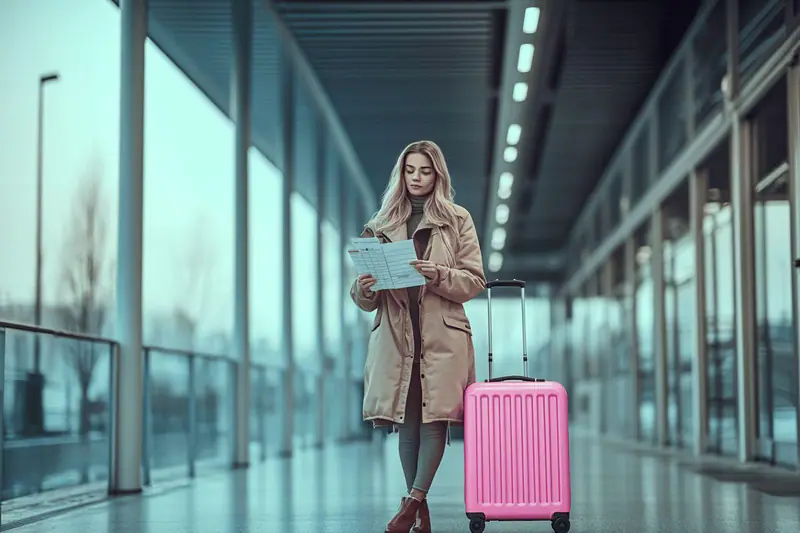 Voyageuse préparée devant un autocar longue distance avec sac cabine et valise