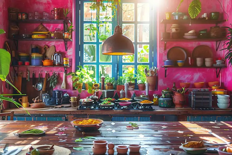 Table automnale avec shakshuka, dal, udon et tacos maison colorés