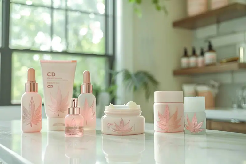 Femme lisant l’étiquette d’un sérum visage au CBD dans sa salle de bain